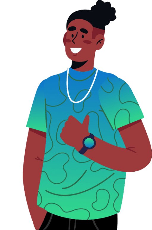 Ilustração de um garoto com a camisa nas cores da UniFECAF, num degradê indo do verde para o azul fazendo o sinal de joinha