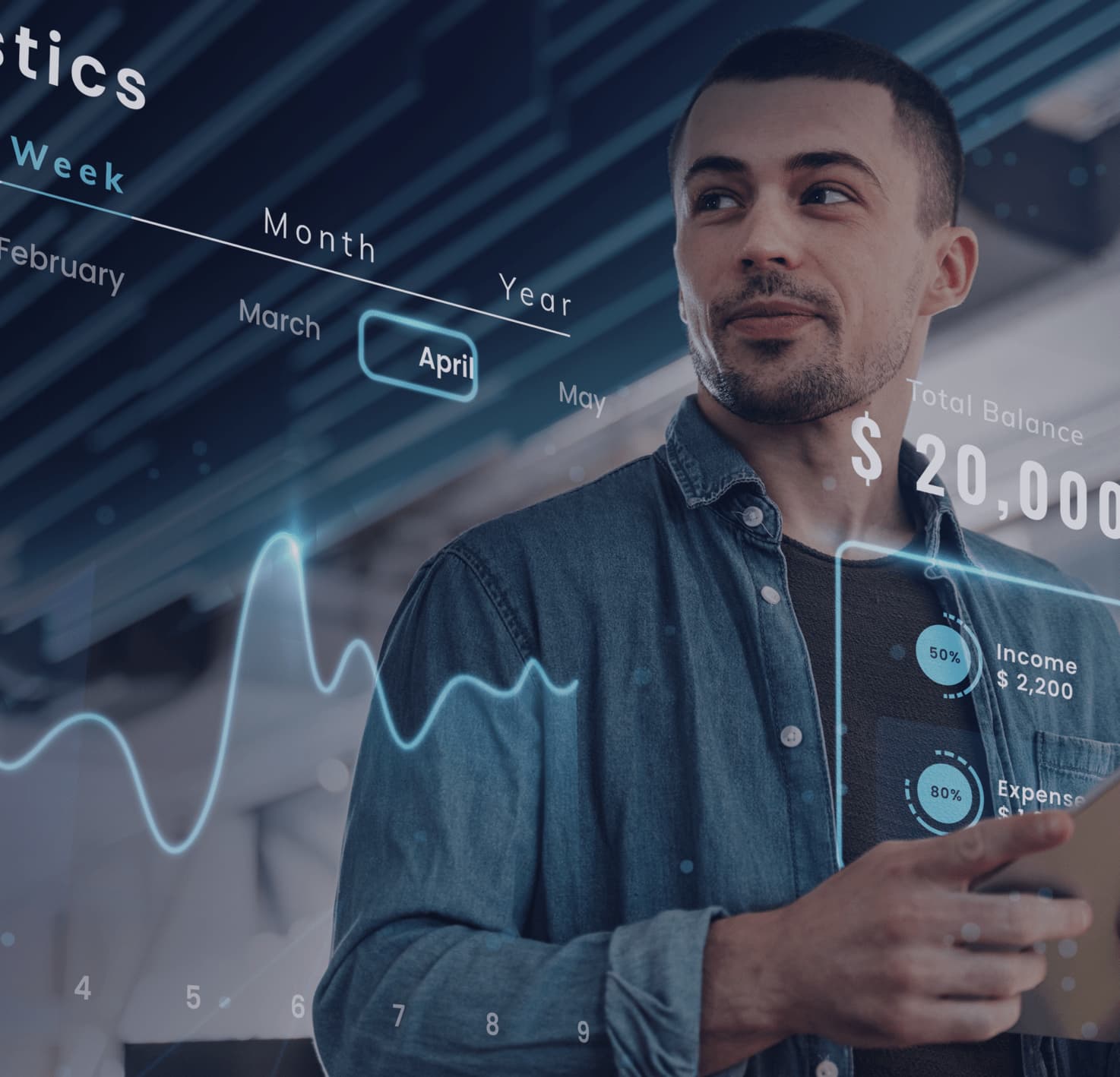 Profissional observando gráficos digitais